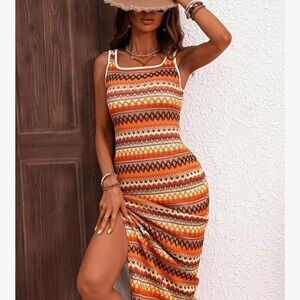 Sleeveless Orange Patterned Maxi Dress